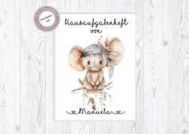 zuckersüßer Schulheft Umschlag Maus 1 Boho Style Hausaufgabenheft in seperater hochwertiger Hülle Einschulung Schulkind von Lüttentüddel®